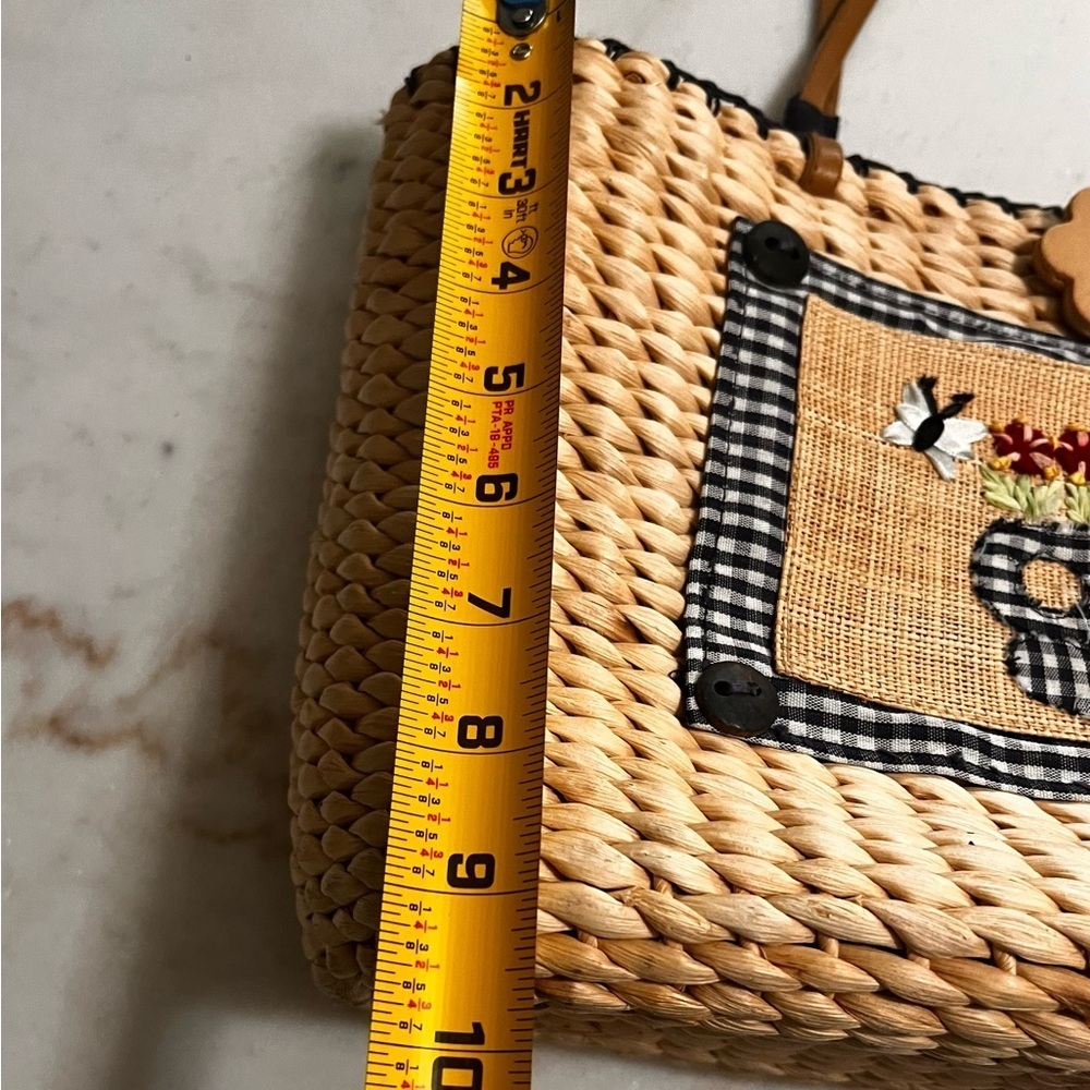 Breckenridge Straw Tote Bag Purse Blonde Wicker Rattan Picnic Blue Check Teacup - Picture 3 of 6